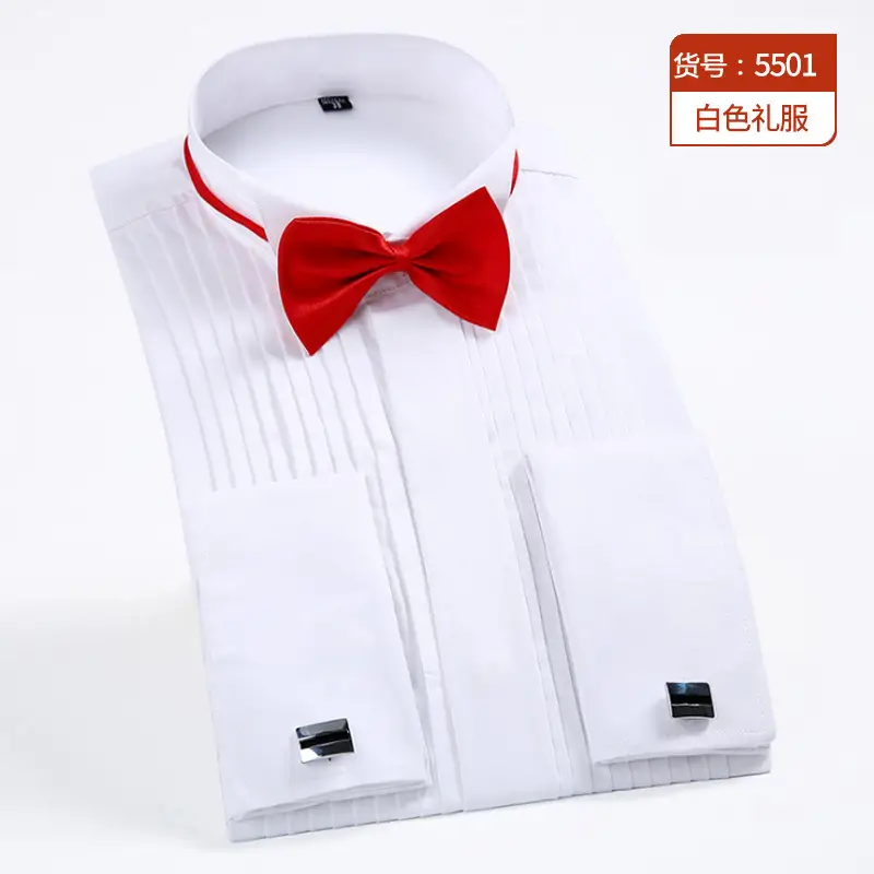 Men's White Bow Tie Long Sleeve Shirt with Red Tie - Image 2