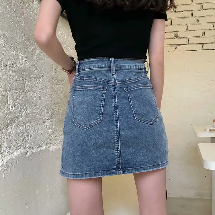 Women Denim High Waist Split Skirt Set Black Top