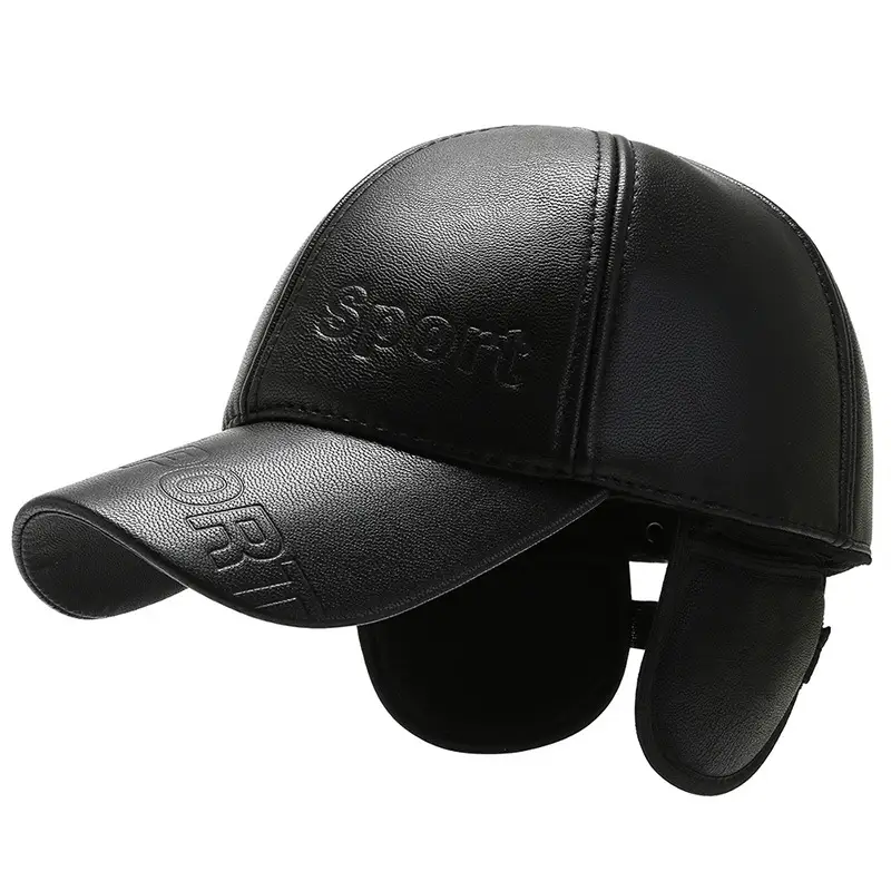 Men's Black Leather Peaked Cap with Warm Ear Muffs - Image 3