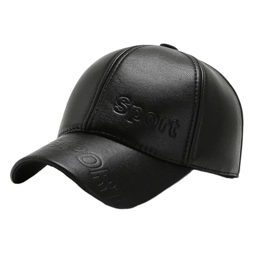 Men's Black Leather Peaked Cap with Warm Ear Muffs