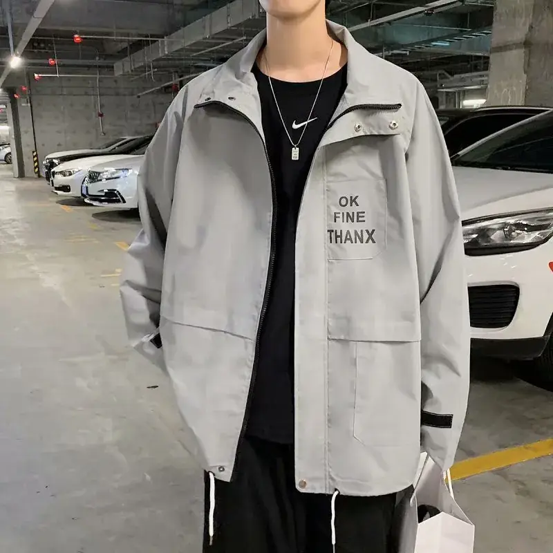 Men's Grey Korean Style Baseball Jacket Spring Coat - Image 4