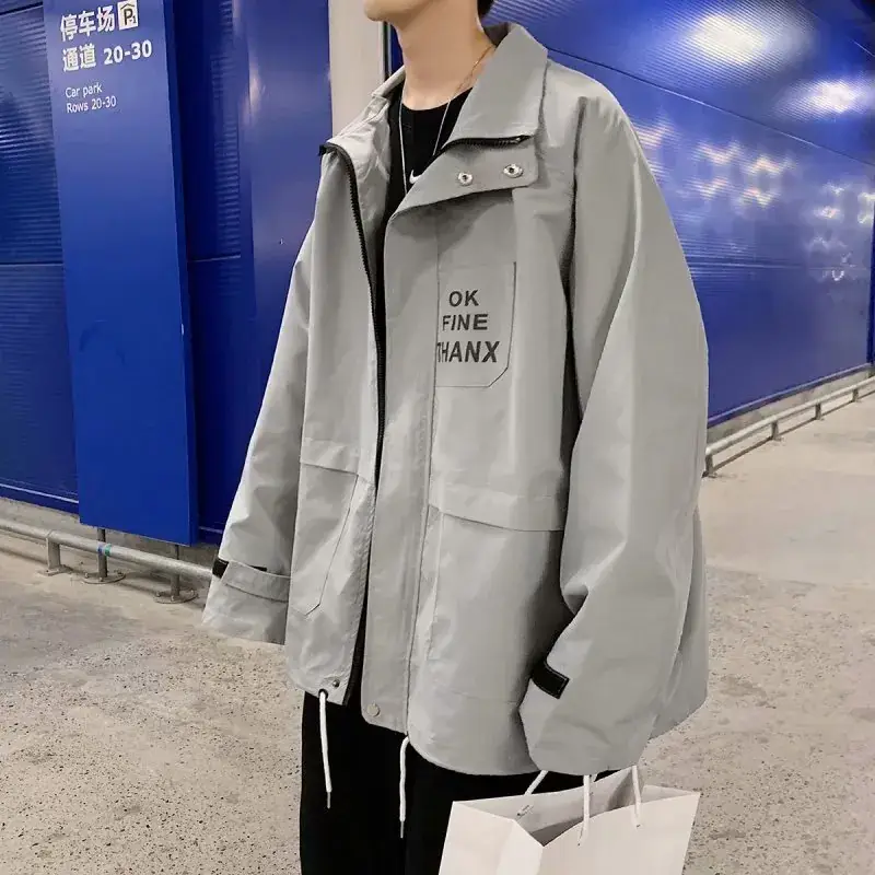 Men's Grey Korean Style Baseball Jacket Spring Coat - Image 6