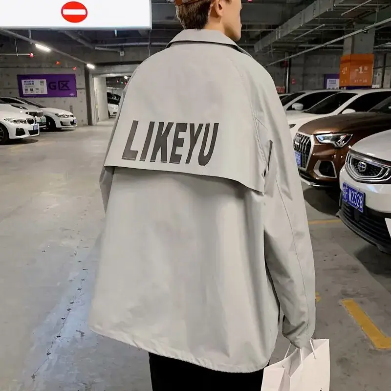 Men's Grey Korean Style Baseball Jacket Spring Coat - Image 2
