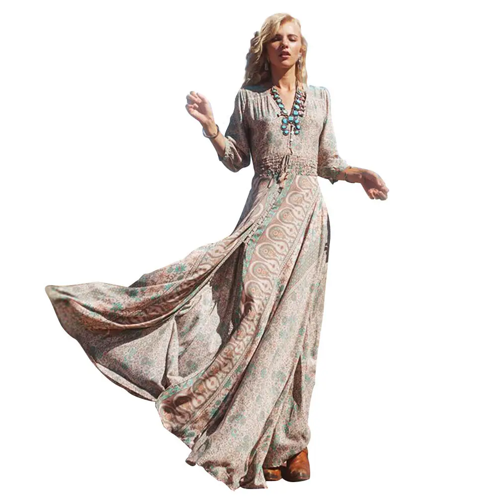 Cross-border Printed Chiffon Dress with Tassels & Elastic Waist - Image 6