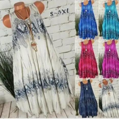 Blue Digital Print Sleeveless Maxi Dress for Women