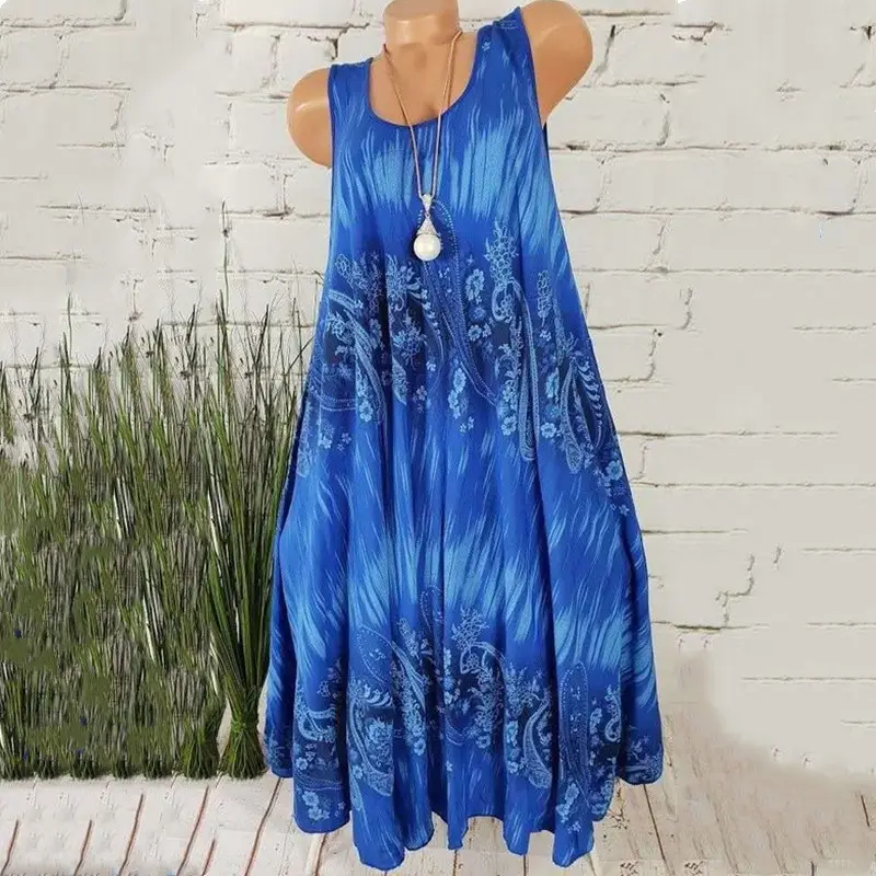 Blue Digital Print Sleeveless Maxi Dress for Women
