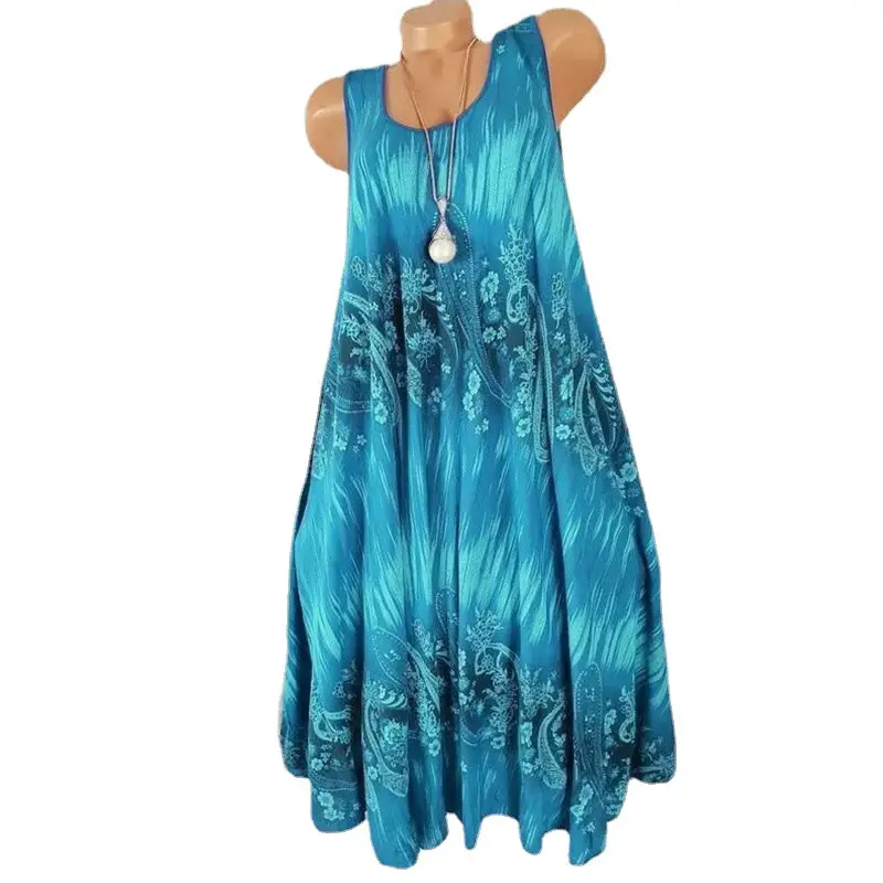 Blue Digital Print Sleeveless Maxi Dress for Women