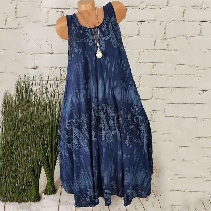 Blue Digital Print Sleeveless Maxi Dress for Women