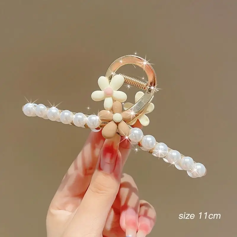 Pearl Flower Hair Clip 11cm Metal Grab - Image 26