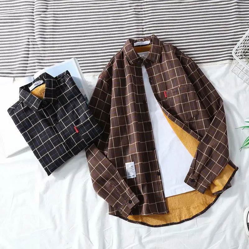 Men Plaid Fleece Long Sleeve Shirt Yellow Black - Image 4
