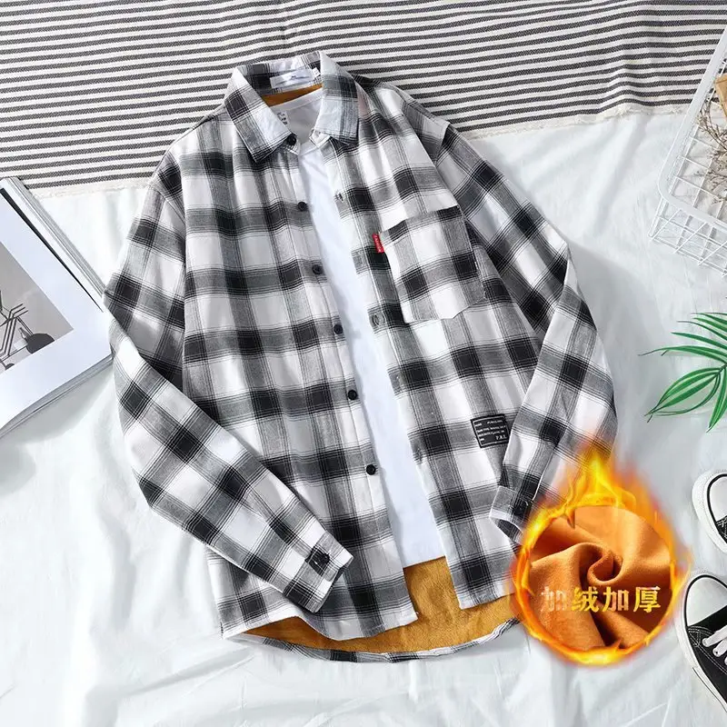 Men Plaid Fleece Long Sleeve Shirt Yellow Black - Image 6