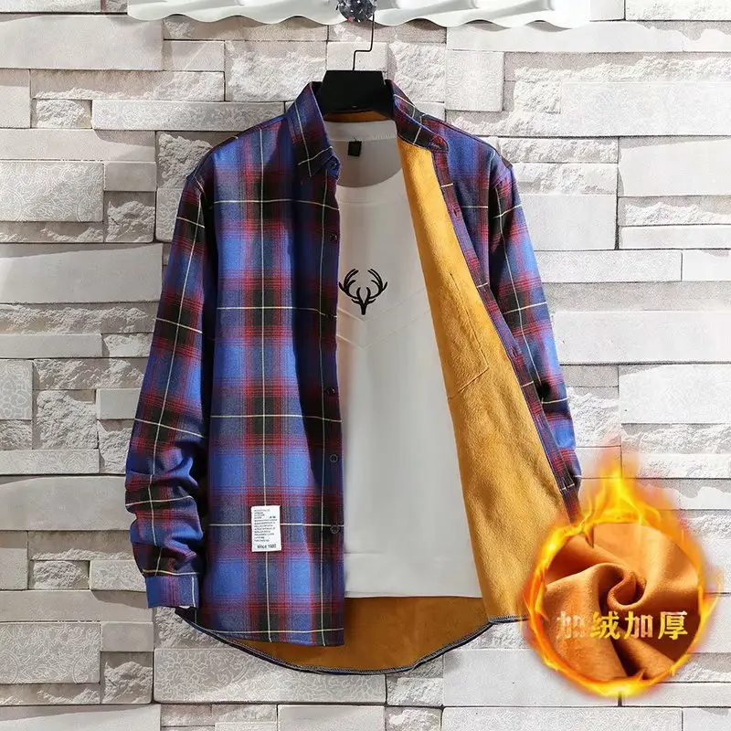 Men Plaid Fleece Long Sleeve Shirt Blue Winter - Image 6