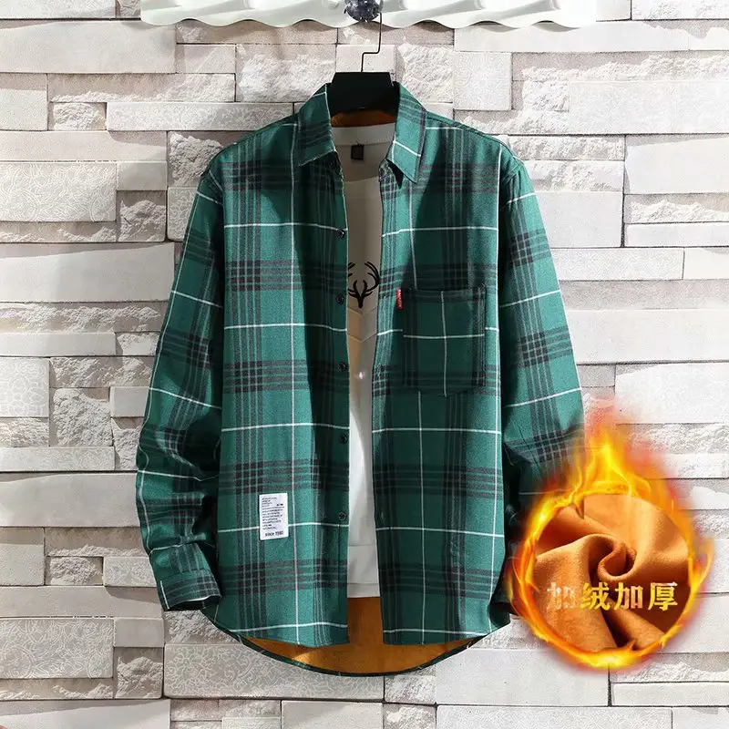 Men Plaid Fleece Long Sleeve Shirt Blue Winter - Image 9