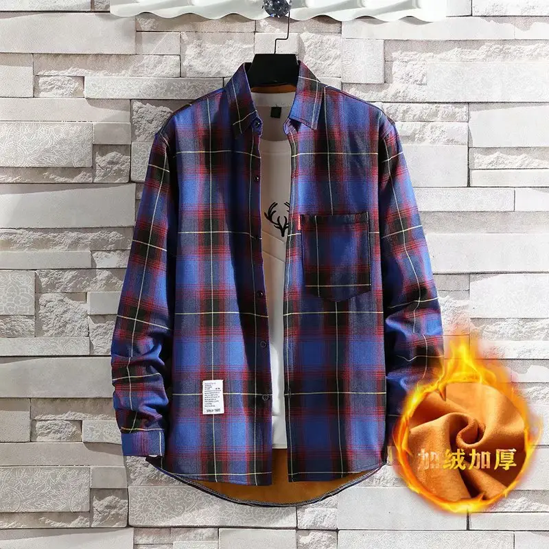 Men Plaid Fleece Long Sleeve Shirt Blue Winter - Image 3