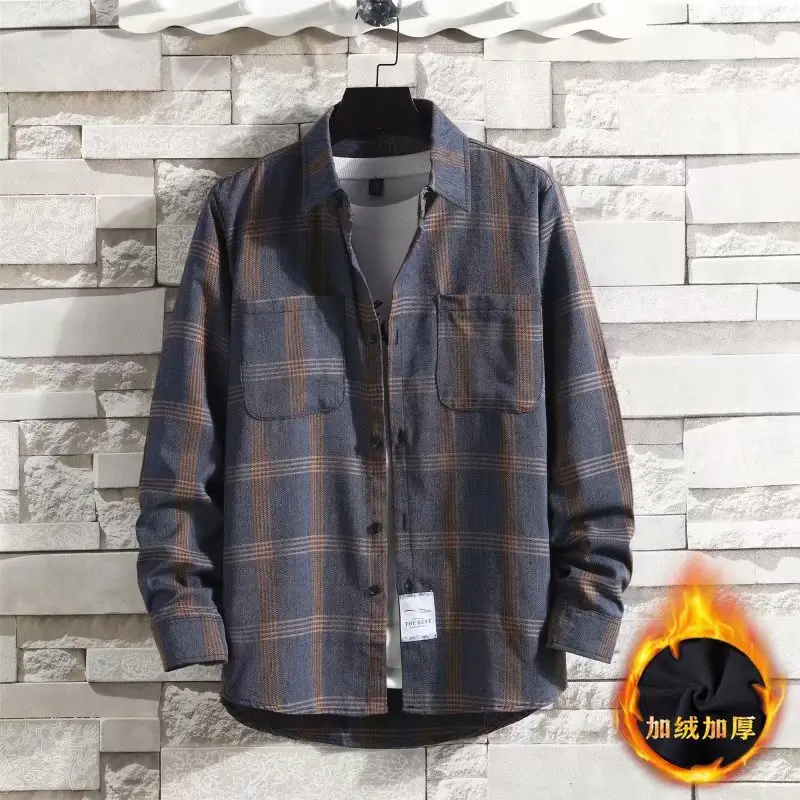 Men's Plaid Fleece Lined Jacket Blue White Long Sleeve - Image 3