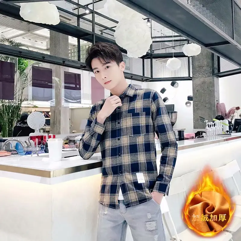 Men's Plaid Fleece Lined Jacket Blue White Long Sleeve - Image 4