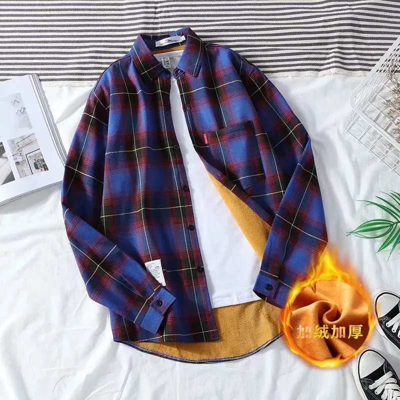 Winter Plaid Fleece Lined Men's Shirt Long Sleeve Warm