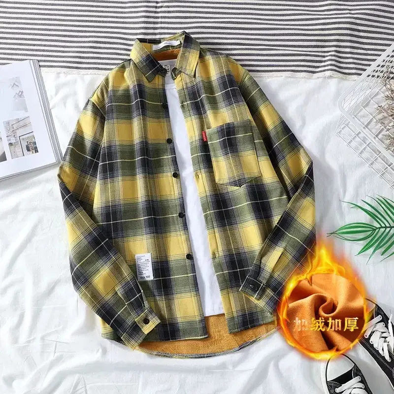 Winter Plaid Fleece Lined Men's Shirt Long Sleeve Warm