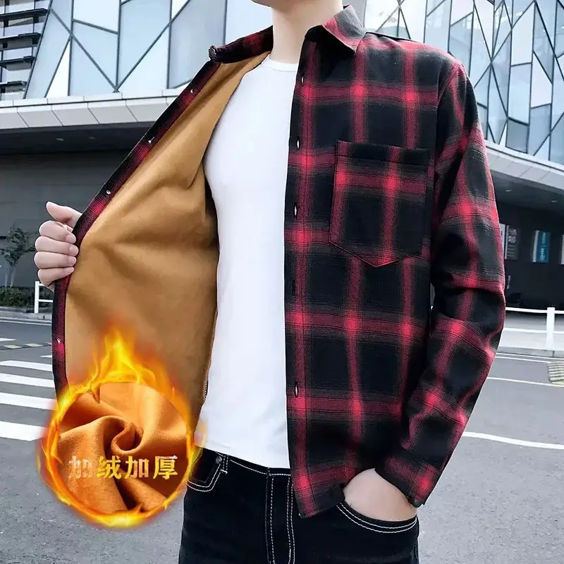 Men Plaid Fleece Lined Long Sleeve Shirt - Image 4