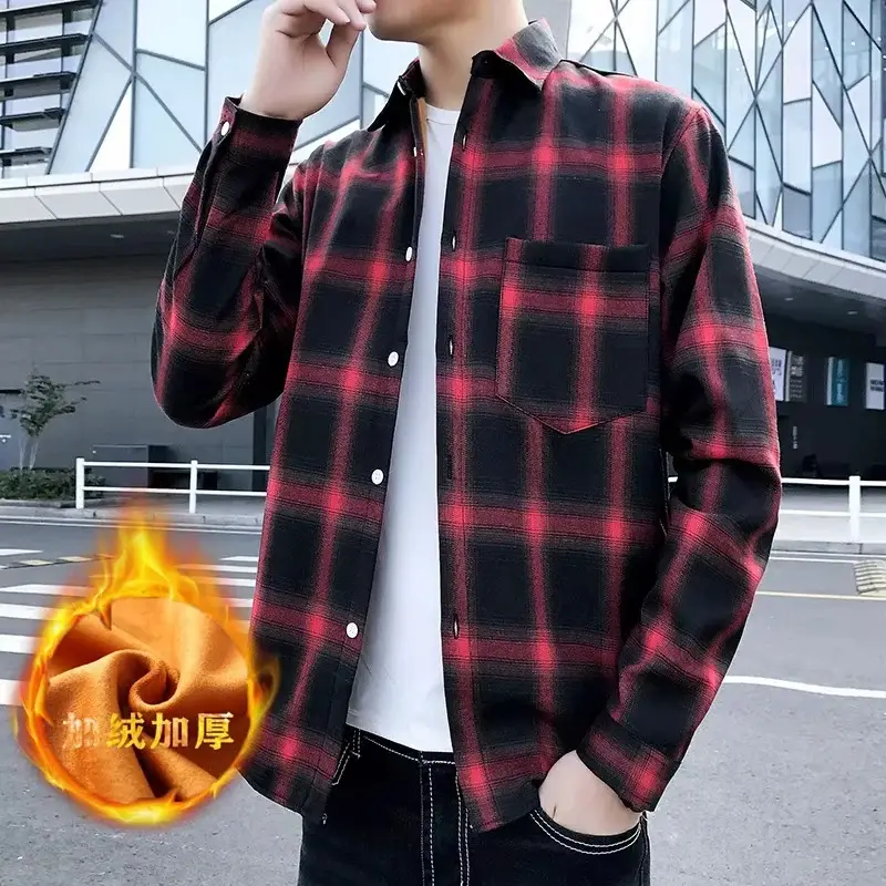 Men Plaid Fleece Lined Long Sleeve Shirt - Image 5