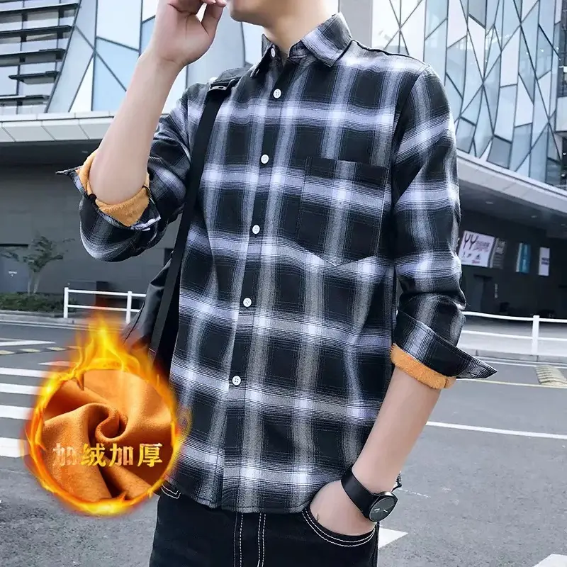 Men Plaid Fleece Lined Long Sleeve Shirt - Image 6