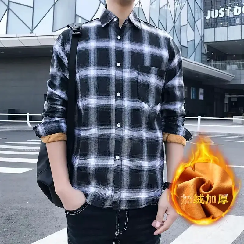 Men Plaid Fleece Lined Long Sleeve Shirt - Image 7