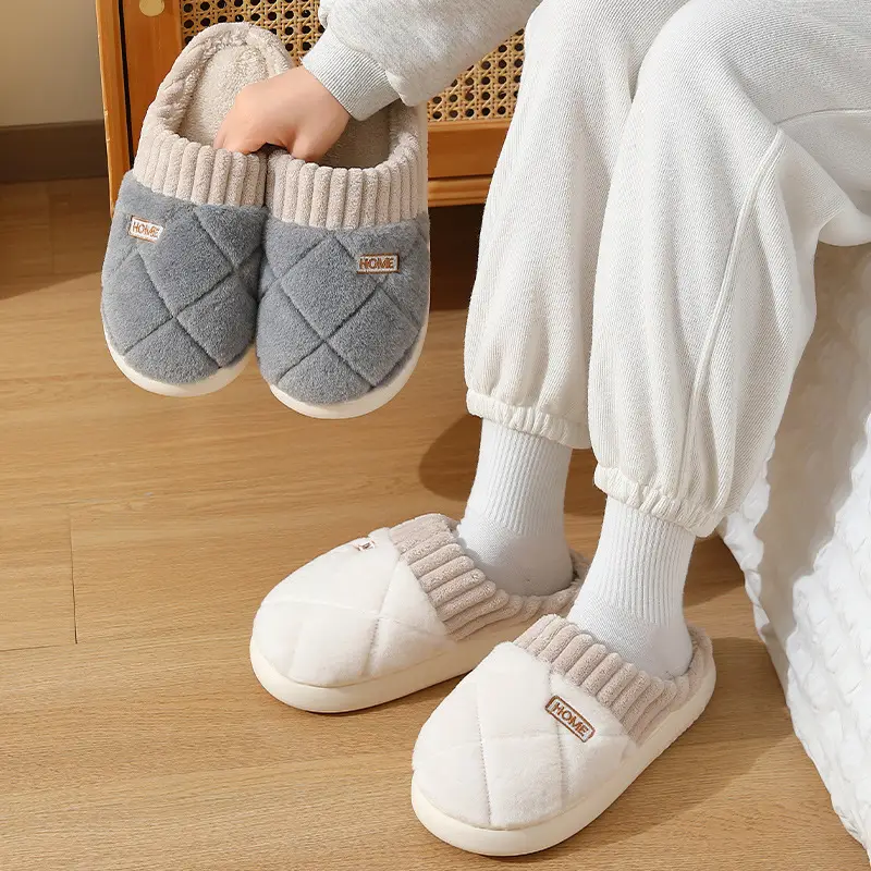 Cotton Slippers for Men, Winter Plush Slippers for Women, Indoor Home Couple Slippers, Non-Slip Plush Warm Cotton Shoes for Home Use, Striped - Image 9