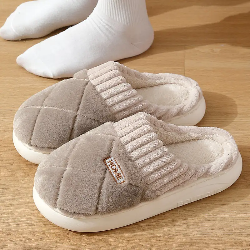 Cotton Slippers for Men, Winter Plush Slippers for Women, Indoor Home Couple Slippers, Non-Slip Plush Warm Cotton Shoes for Home Use, Striped - Image 2