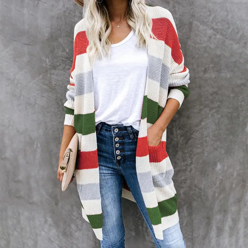 Women European Striped Patchwork Sweater Cardigan Blue Red White - Image 4