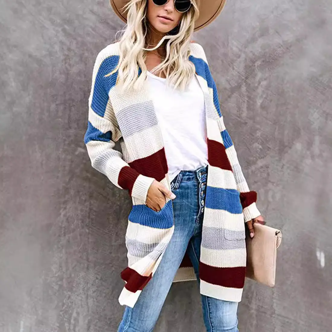 Women European Striped Patchwork Sweater Cardigan Blue Red White - Image 5