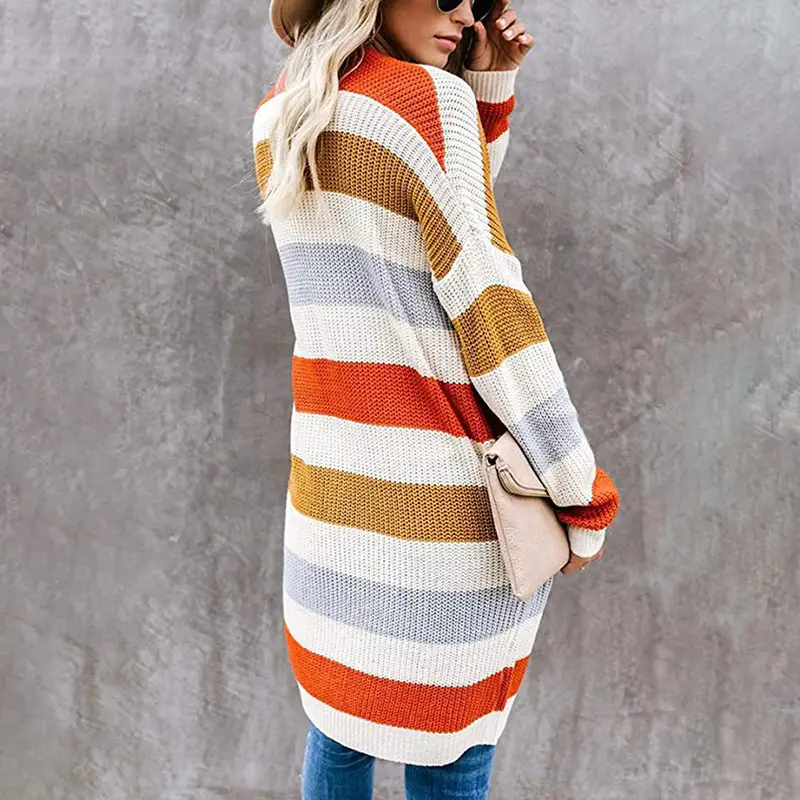 Women European Striped Patchwork Sweater Cardigan Blue Red White - Image 6