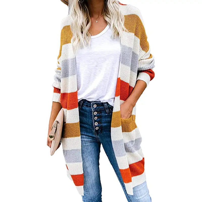 Women European Striped Patchwork Sweater Cardigan Blue Red White - Image 7