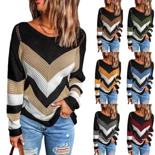 Women European Striped Patchwork Sweater Cardigan Blue Red White — feature 9