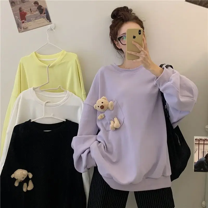 Women Bear Print Sweatshirt Yellow Loose Fit Casual - Image 5