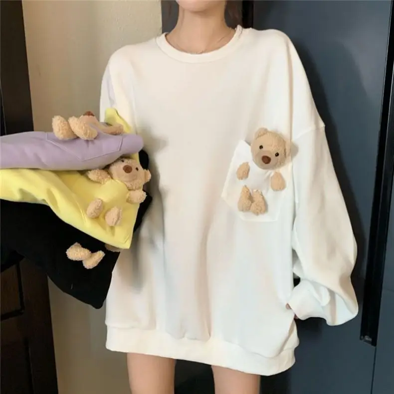 Women Bear Print Sweatshirt Yellow Loose Fit Casual - Image 6