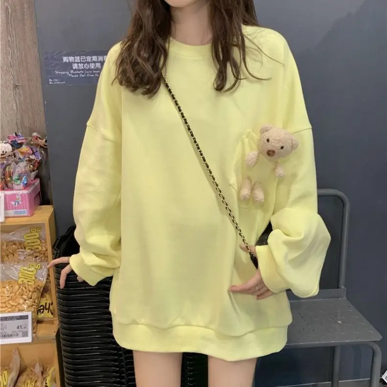 Women Bear Print Sweatshirt Yellow Loose Fit Casual - Image 7