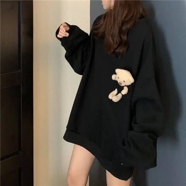 Women Bear Print Sweatshirt Yellow Loose Fit Casual - Image 8