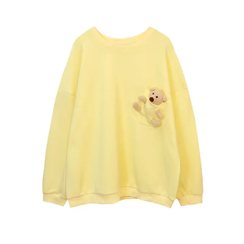 Women Bear Print Sweatshirt Yellow Loose Fit Casual - Image 9