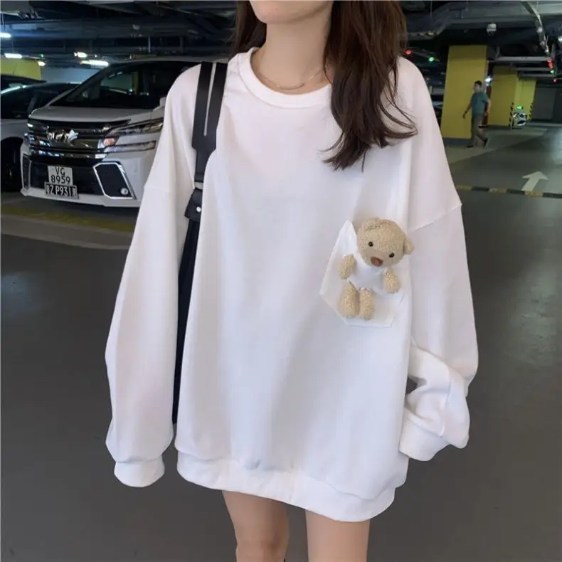 Women Bear Print Sweatshirt Yellow Loose Fit Casual - Image 2