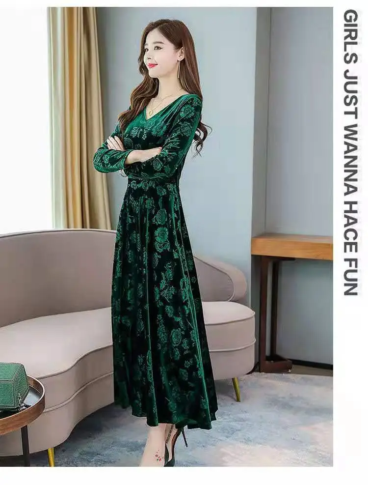 Green Printed Long Sleeve Women's Dress — feature 11