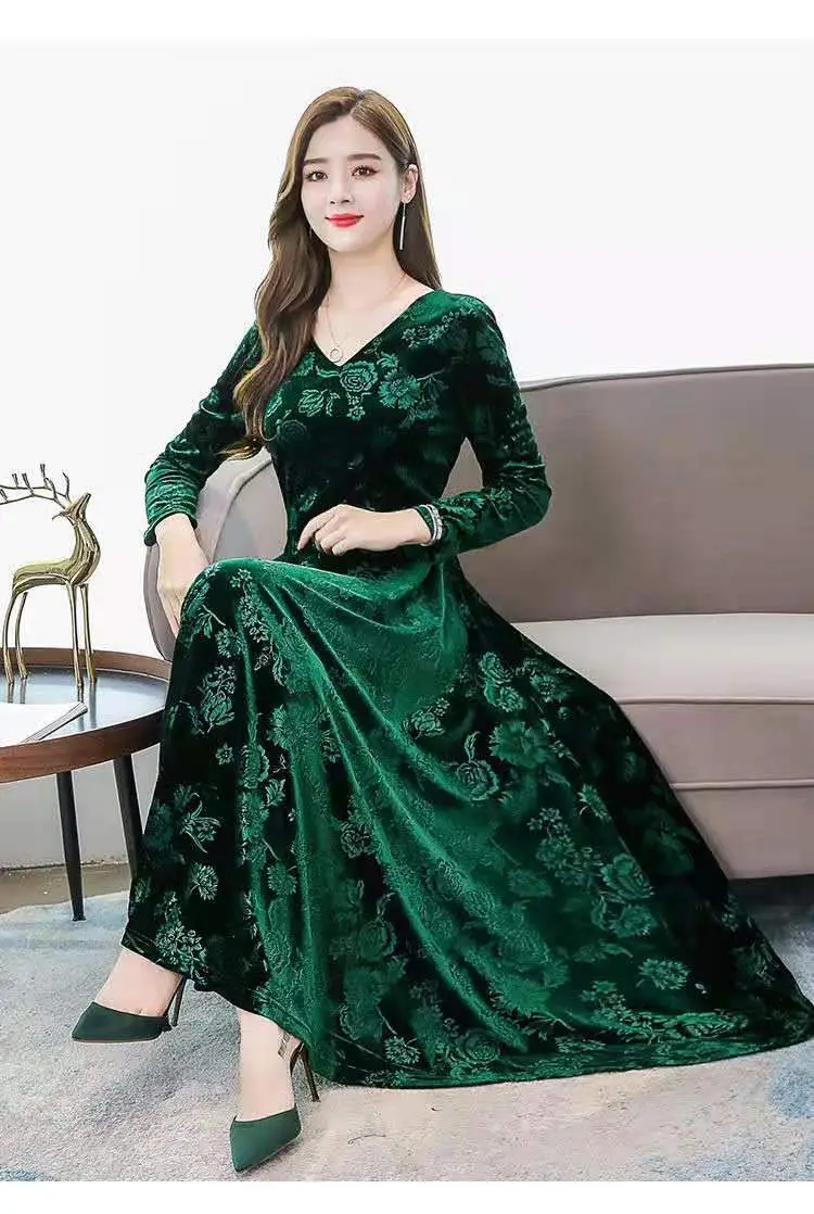 Green Printed Long Sleeve Women's Dress — feature 9