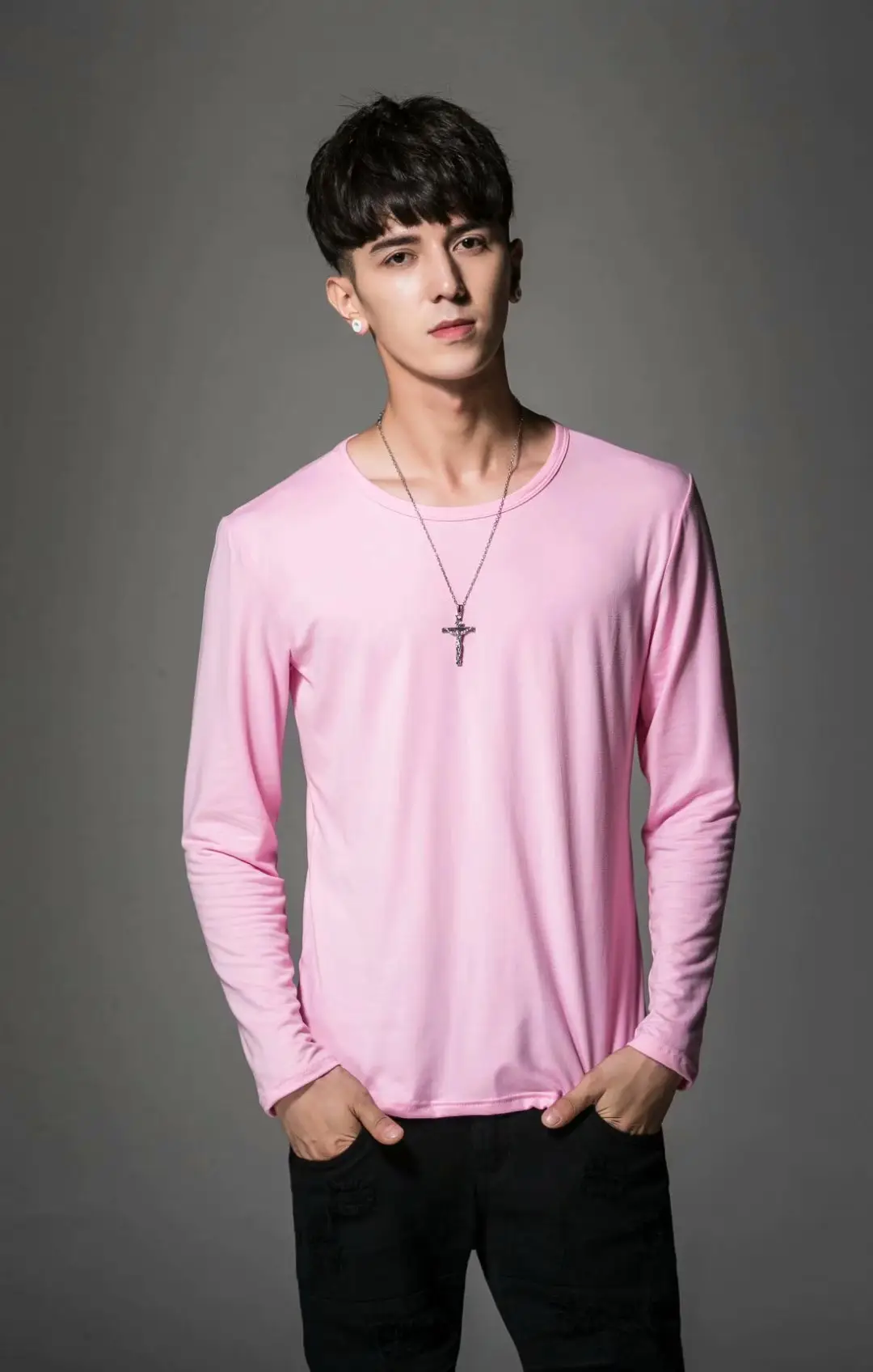 Men's White Slim V-Neck Long Sleeve T-Shirt - Image 29
