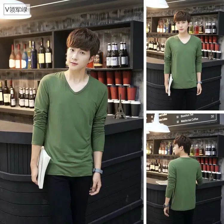 Men's White Slim V-Neck Long Sleeve T-Shirt - Image 3