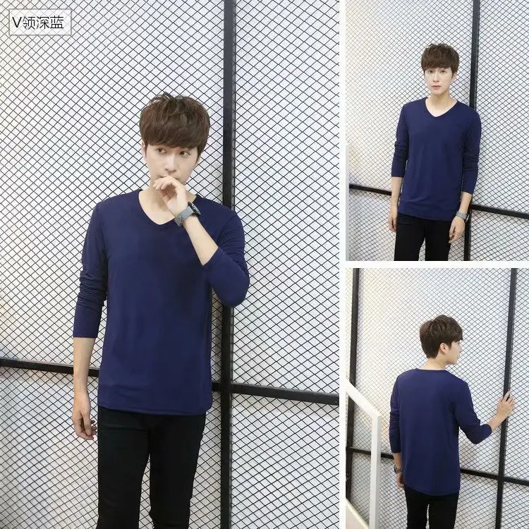 Men's White Slim V-Neck Long Sleeve T-Shirt - Image 4