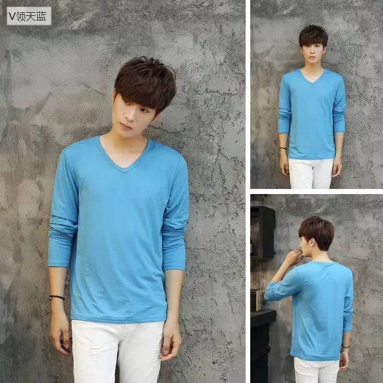 Men's White Slim V-Neck Long Sleeve T-Shirt - Image 5