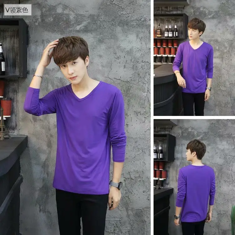 Men's White Slim V-Neck Long Sleeve T-Shirt - Image 7