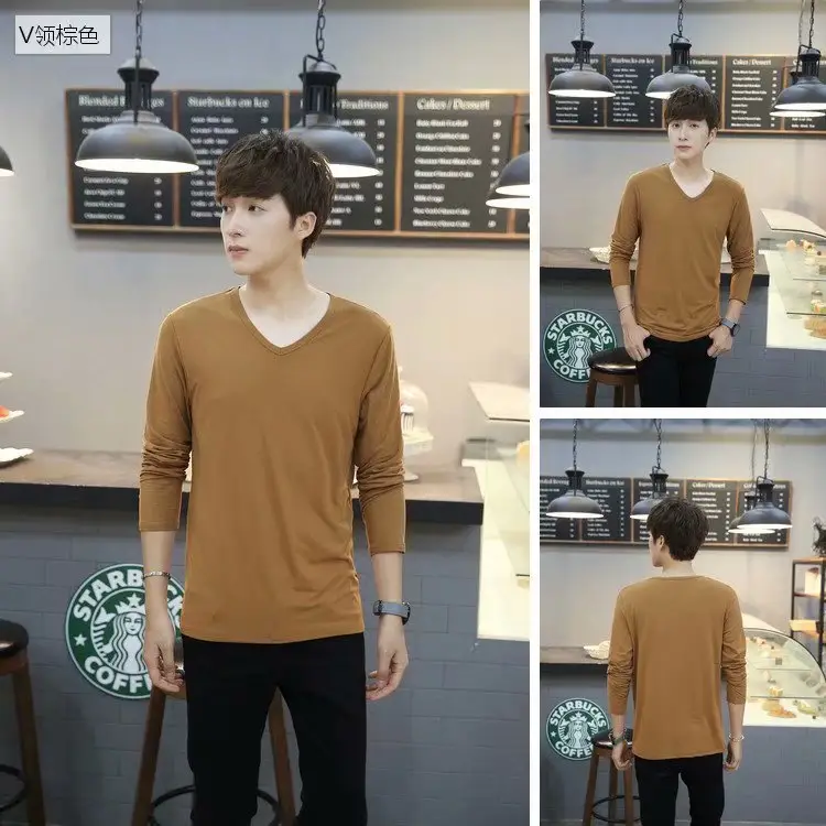 Men's White Slim V-Neck Long Sleeve T-Shirt - Image 8