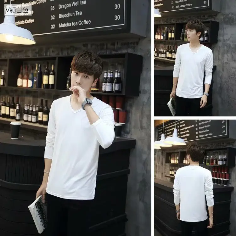 Men's White Slim V-Neck Long Sleeve T-Shirt - Image 9