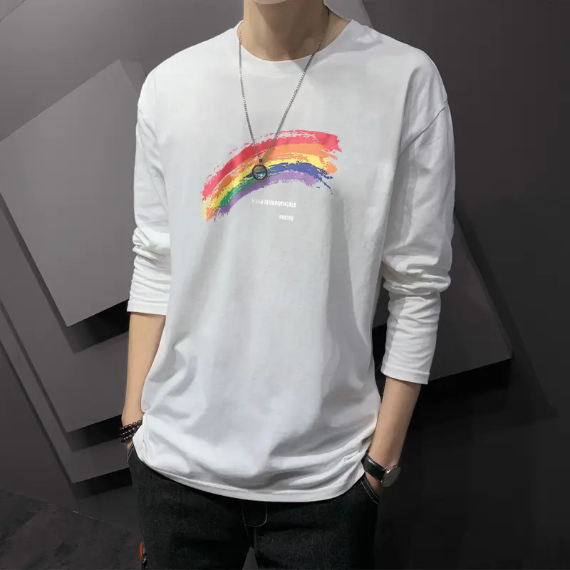Men Printed Long Sleeve T-Shirt Black Korean Style - Image 19