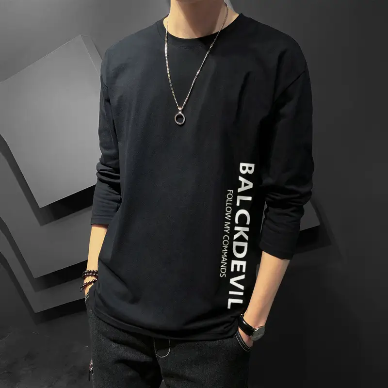 Men Printed Long Sleeve T-Shirt Black Korean Style - Image 20